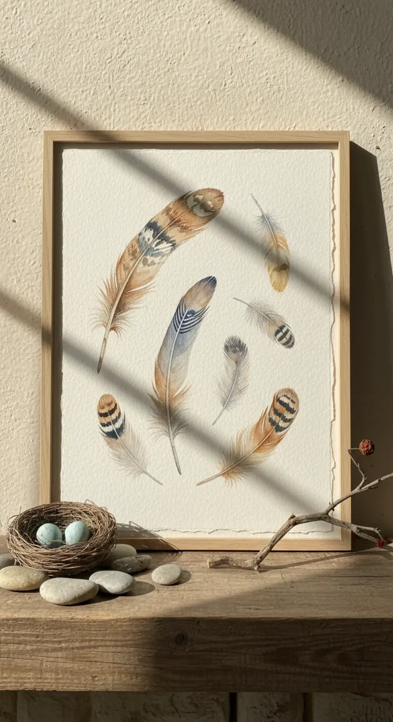 Pintura de acuarela de varias plumas de pájaro con detalles realistas, enmarcada en madera.