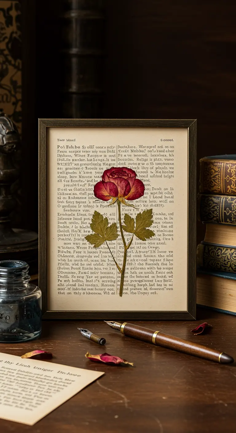 Rosa roja prensada sobre la página de un libro antiguo, en un ambiente de escritorio vintage.