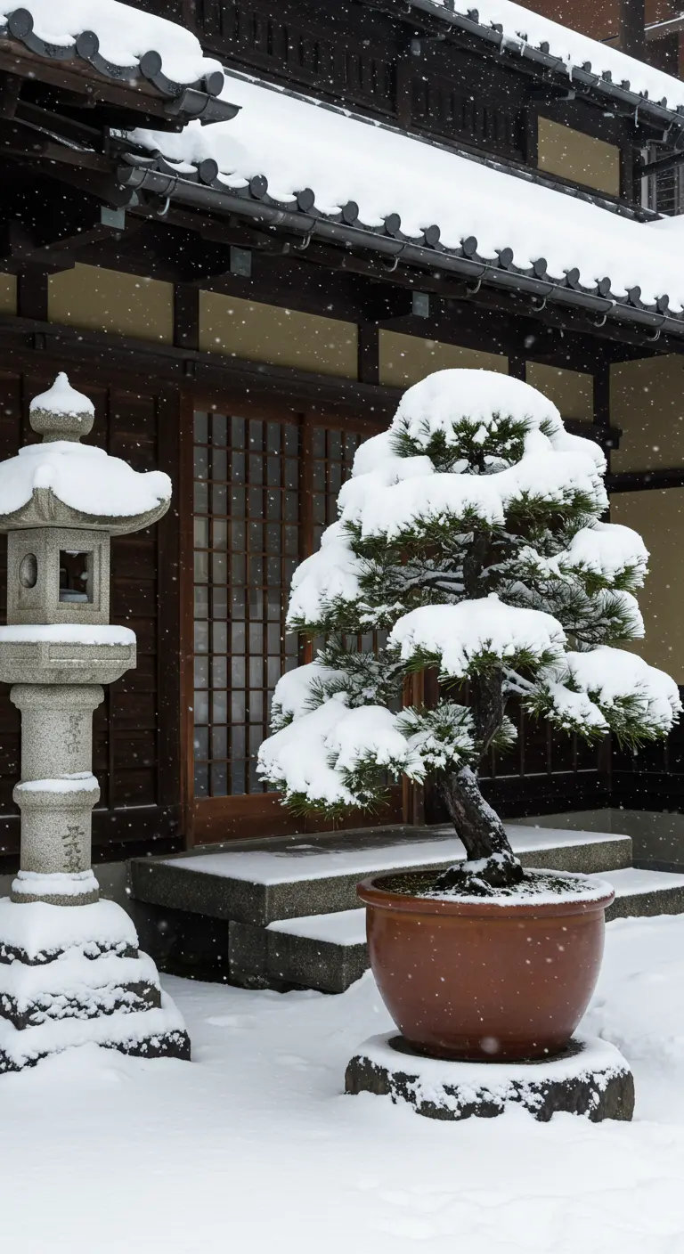 Un bonsái y una linterna de piedra japonesa tradicional cubiertos por una capa de nieve fresca.