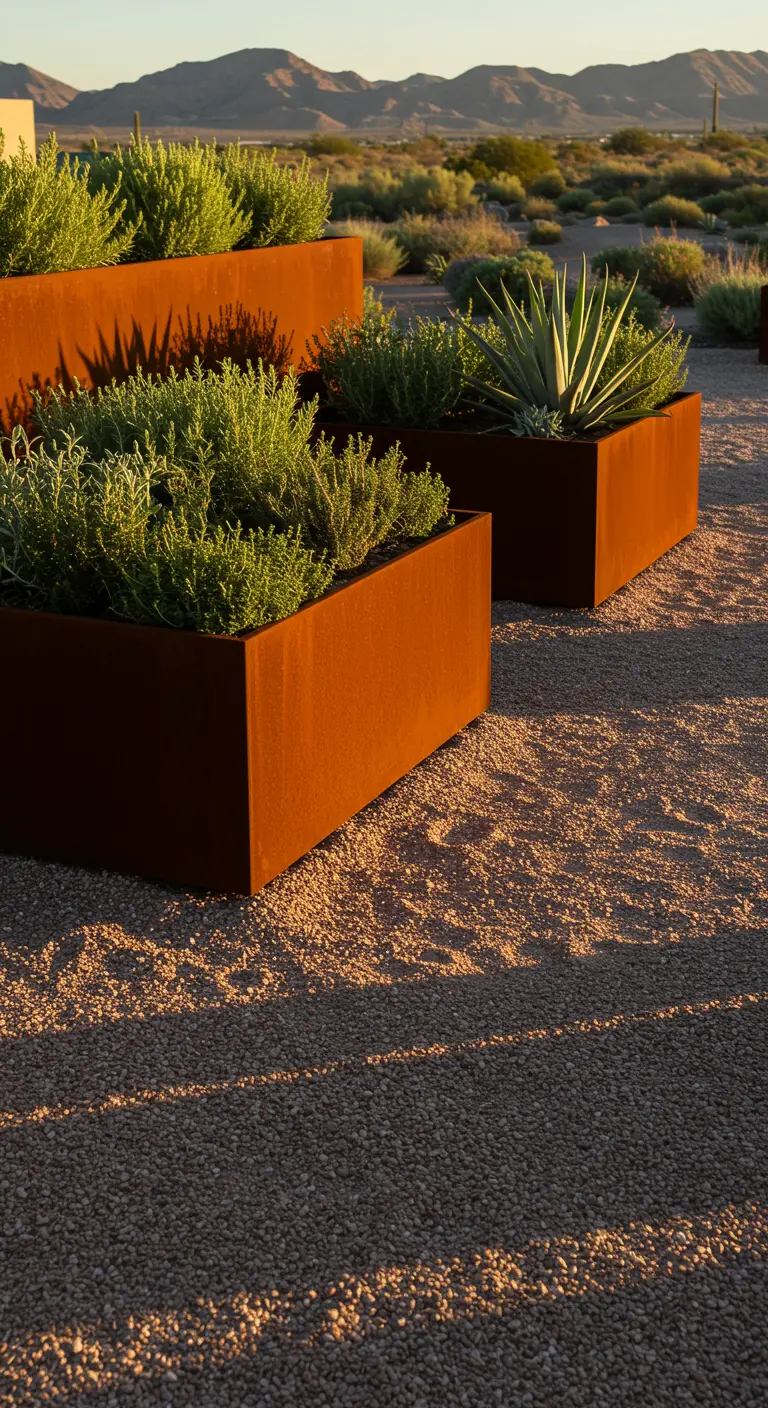 Jardineras rectangulares de acero corten oxidado con hierbas aromáticas en un paisaje desértico.