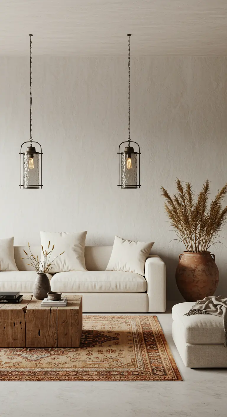 Sala de estar rústica y minimalista con dos faroles colgantes idénticos sobre un sofá de color crema