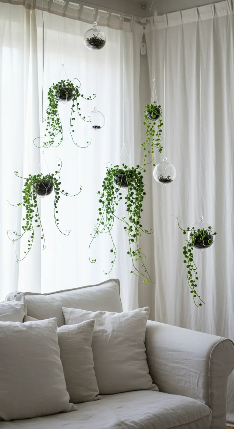 Planta rosario (Senecio rowleyanus) cayendo en cascada desde terrarios de cristal colgantes