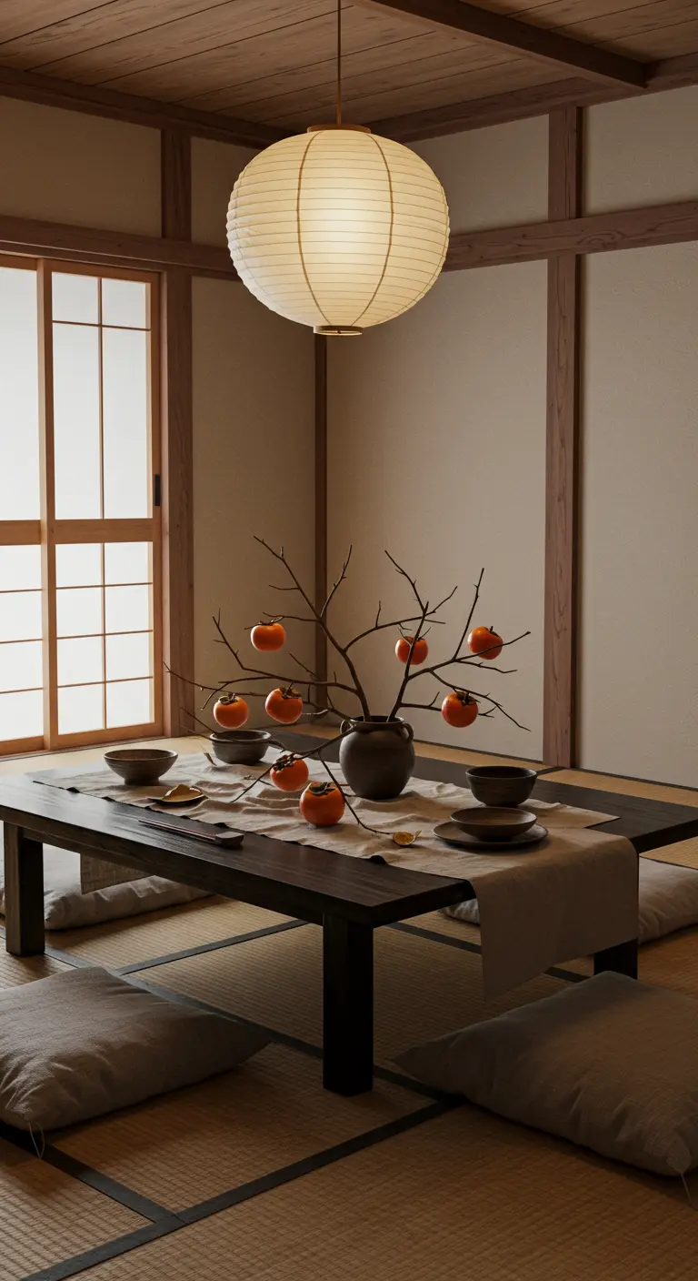 Comedor de estilo japonés con un centro de mesa de ramas con caquis en un jarrón de cerámica.