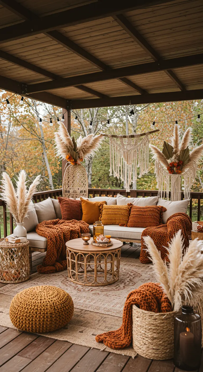 Porche de estilo boho decorado para el otoño con cojines naranjas y hierba de la pampa.