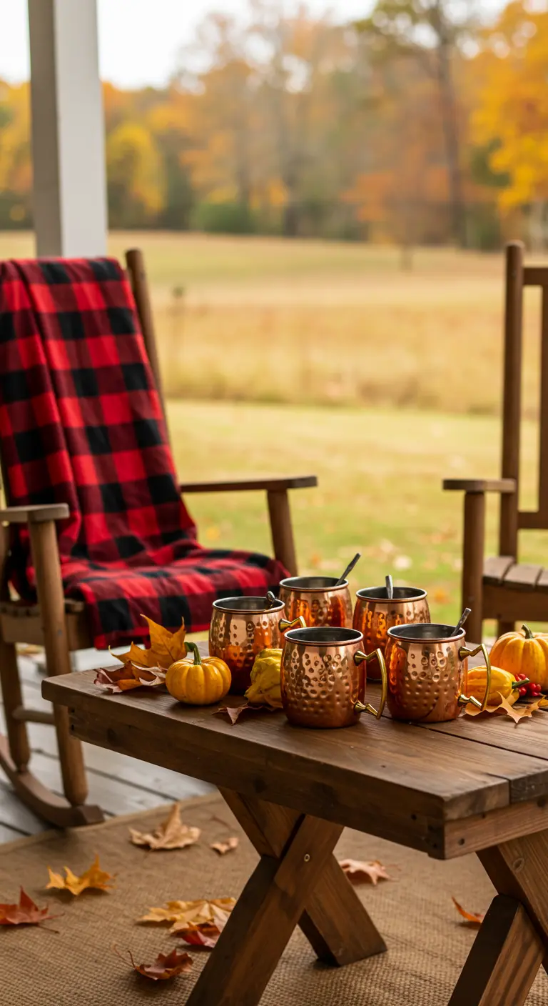 Porche otoñal con mecedoras, manta de cuadros y tazas de cobre sobre una mesa de madera.