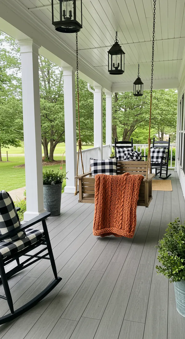 Porche de estilo farmhouse con un columpio de madera, cojines de cuadros blancos y negros y una manta naranja.