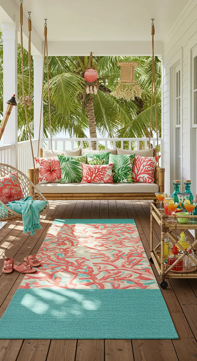 Porche de estilo playero con columpio de bambú, cojines con motivos tropicales y un carrito de bar