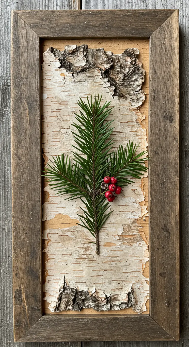 Rama de pino y bayas rojas prensadas sobre un fondo de corteza de abedul en un marco rústico.