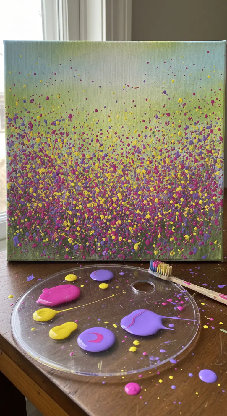 Lienzo con un campo de flores creado con la técnica de salpicadura usando un cepillo de dientes.