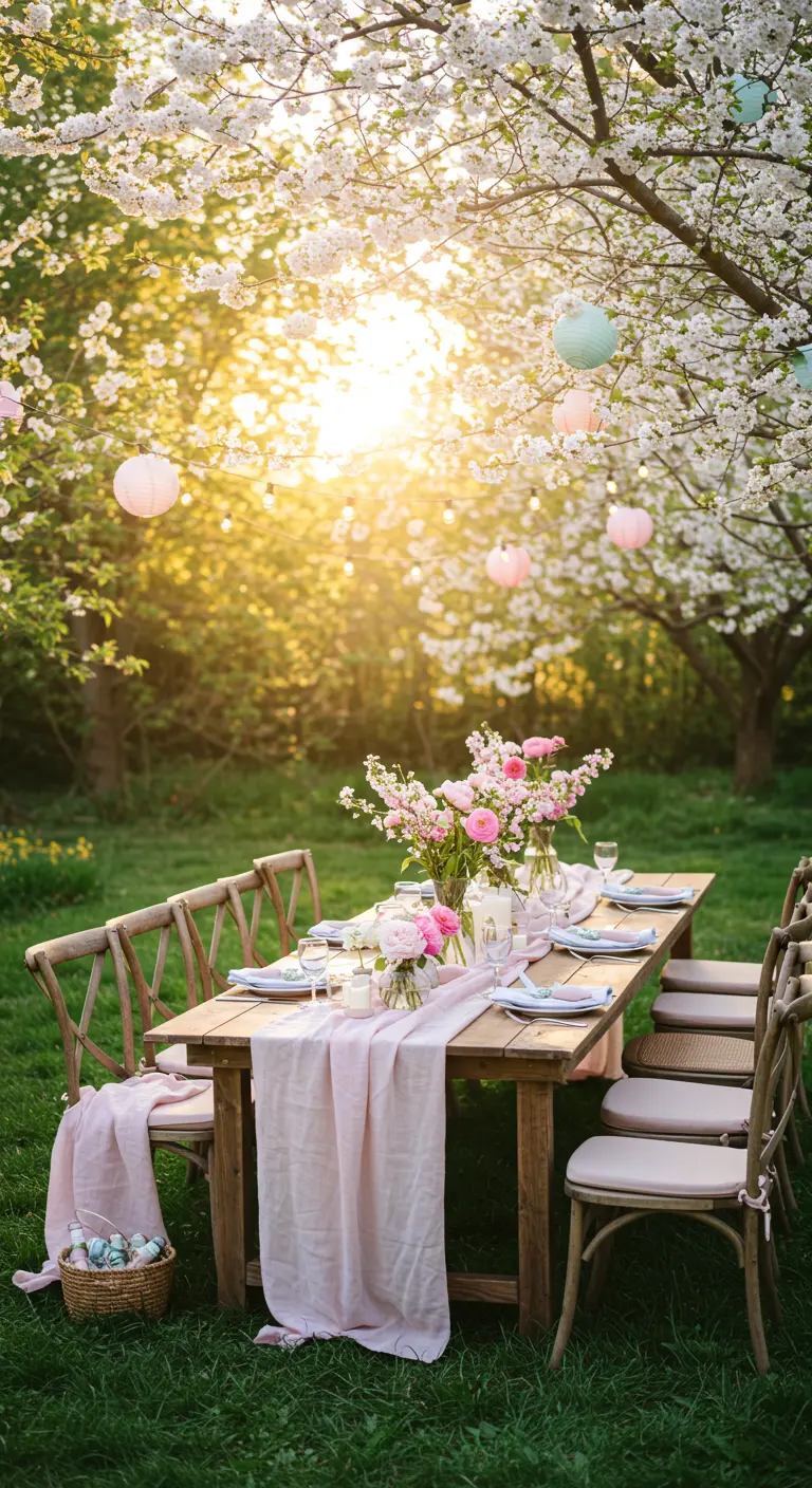 Mesa de madera para una fiesta en un jardín con flores de cerezo y farolillos colgantes.