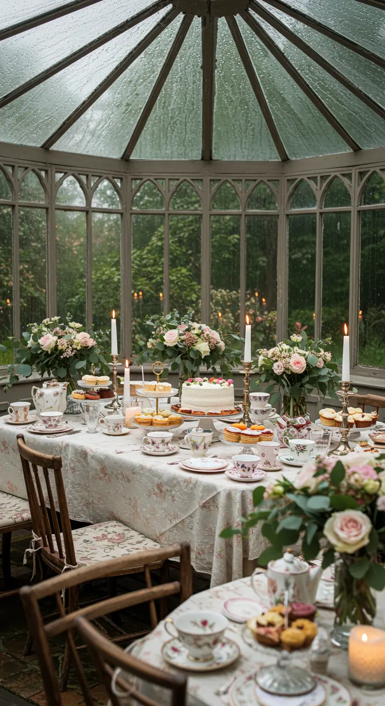 Mesa de té elegante en un conservatorio, con vajilla floral, velas y pasteles.