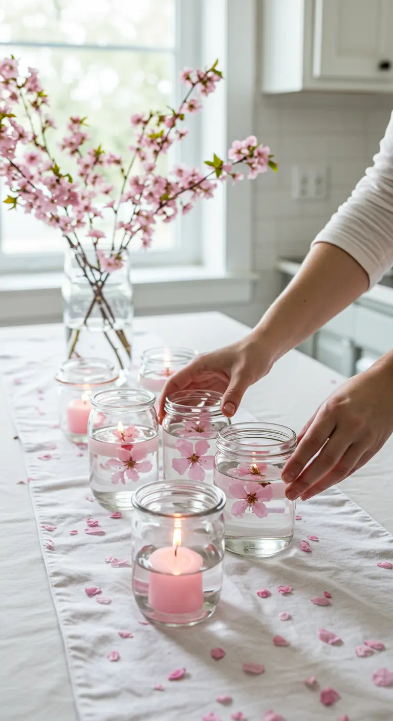 Frascos con agua, flores de cerezo y velas flotantes rosas alineados sobre un camino de mesa blanco.