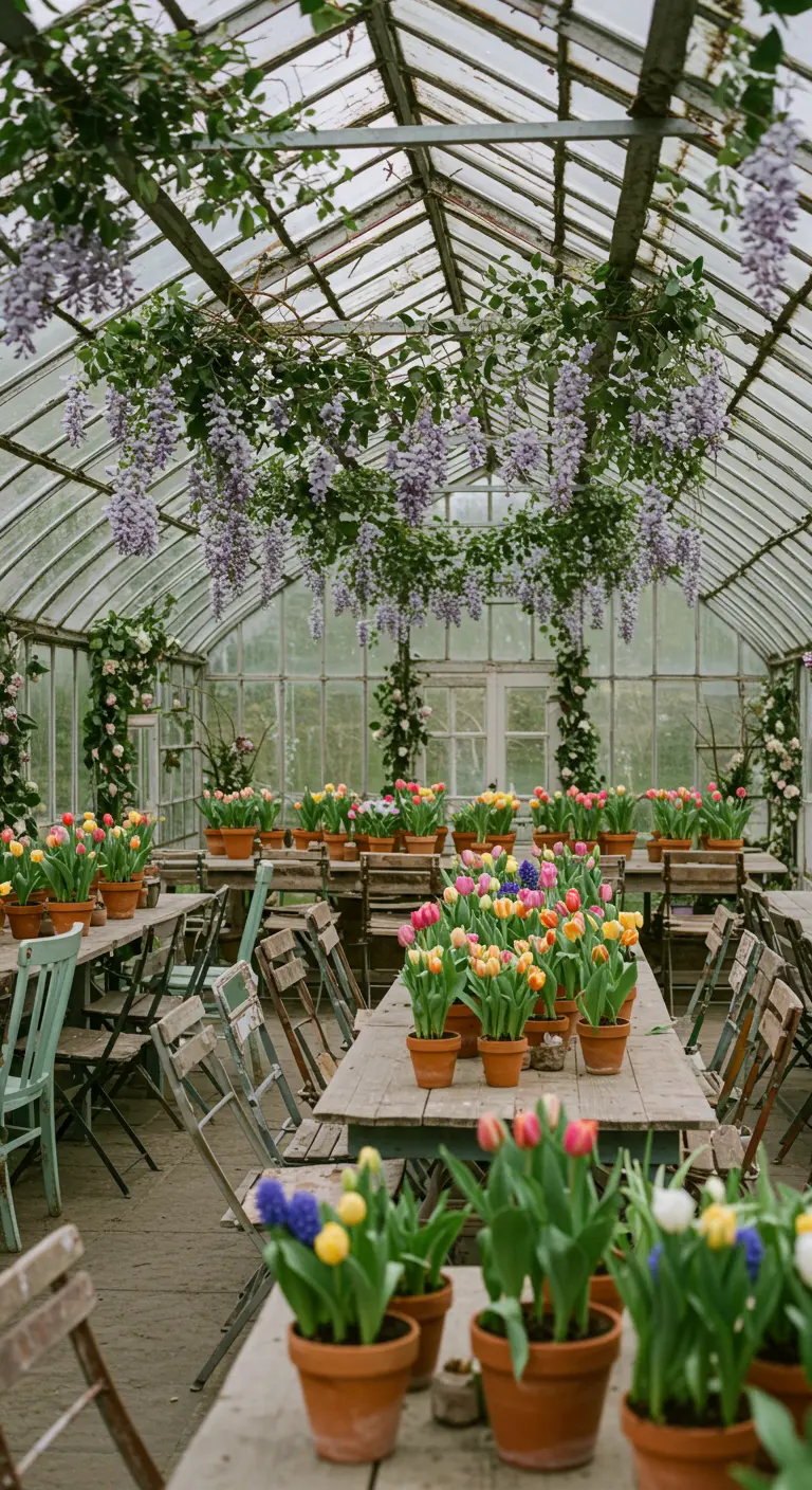 Invernadero lleno de mesas de madera con macetas de tulipanes de colores vibrantes.