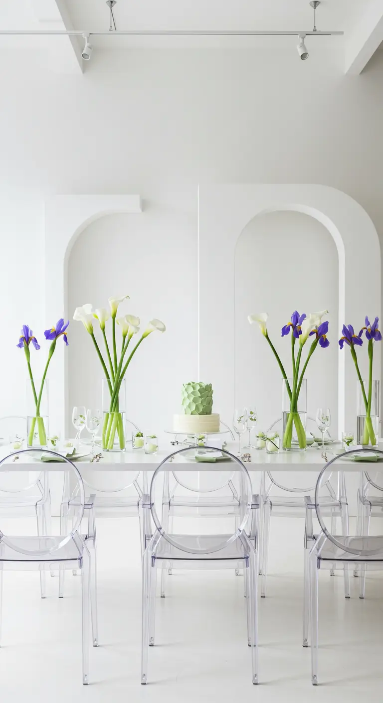 Mesa de comedor blanca y minimalista decorada con calas blancas y lirios morados.