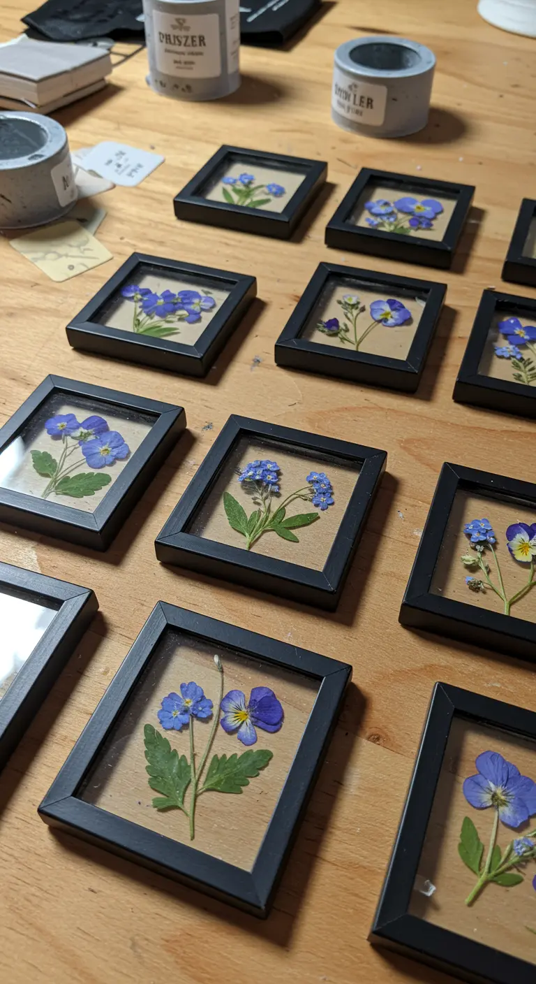 Varios cuadros pequeños y negros con flores prensadas sobre fondo kraft, listos para ser montados.