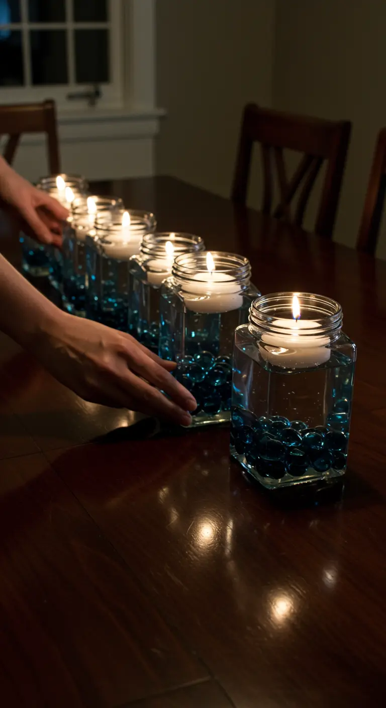 Manos deslizando una fila de frascos hexagonales llenos de gemas de vidrio azules y velas flotantes.