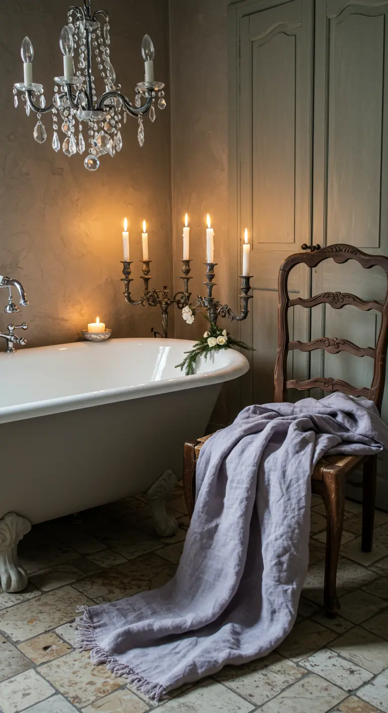 Baño de estilo provenzal con candelabro de forja, silla de madera y una manta de lino color lavanda.