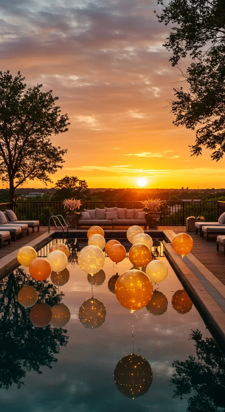 Globos con luces LED doradas flotan en una piscina durante una espectacular puesta de sol.