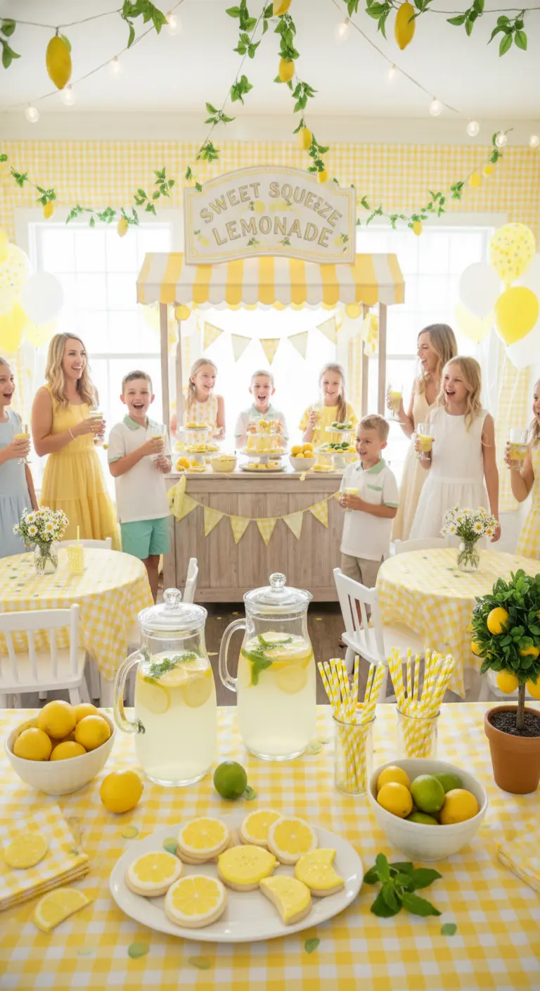 Fiesta de limonada con un puesto de madera, globos amarillos y galletas en forma de limón.