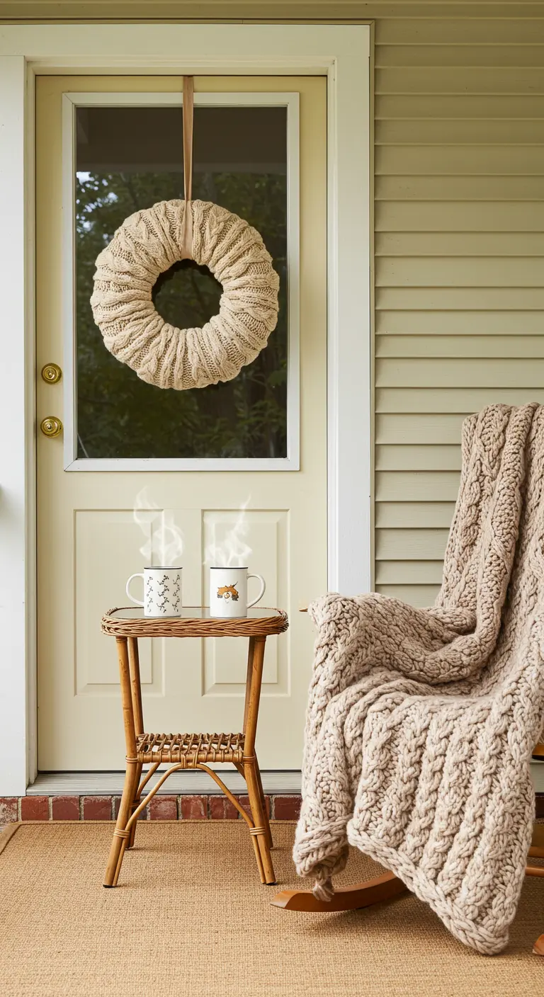 Rincón de porche con una mecedora, una manta de punto grueso y una corona a juego en la puerta.