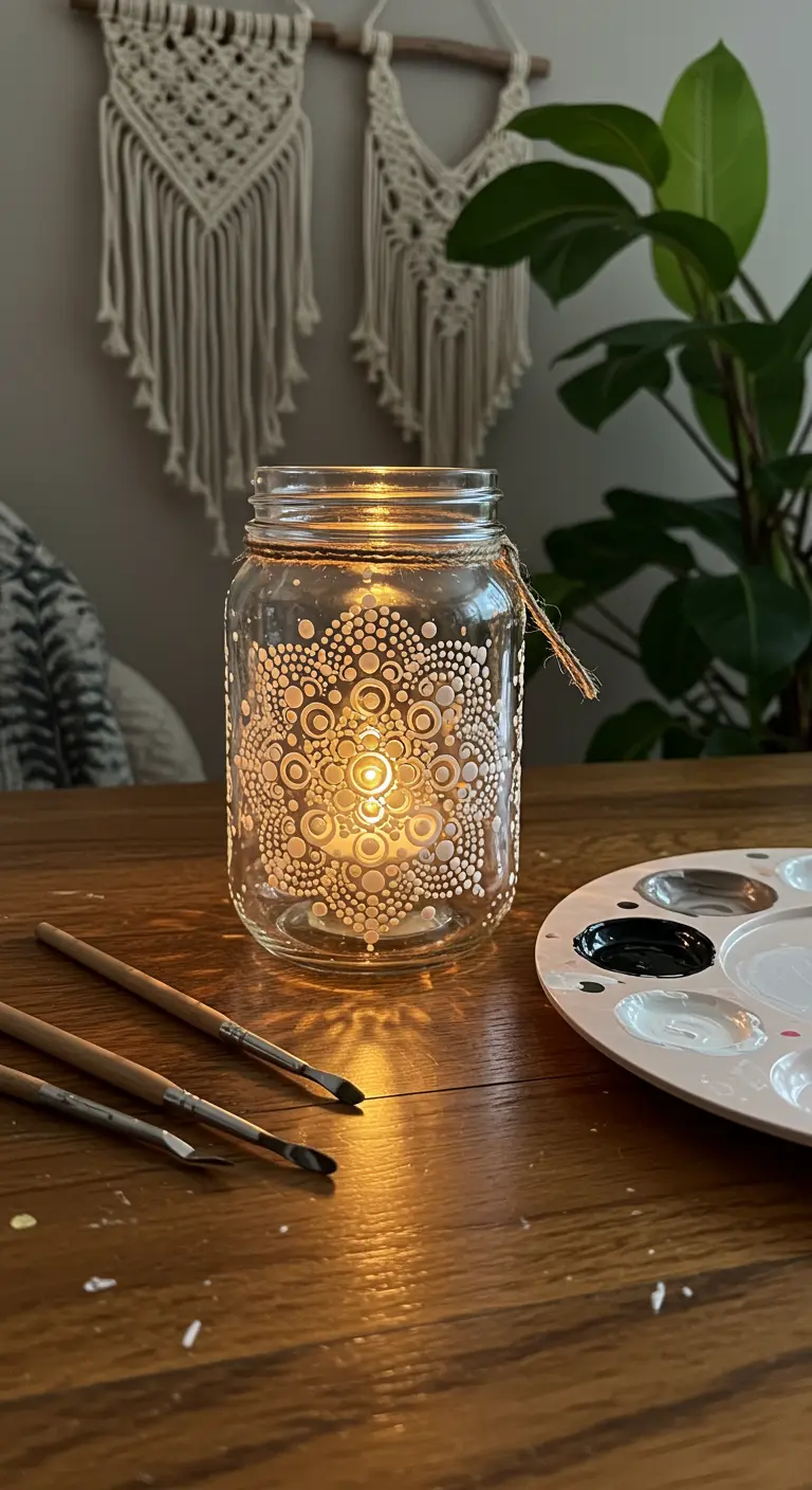 Portavelas de cristal decorado con un mandala de puntos blancos y una vela encendida dentro.