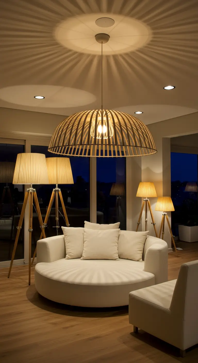 Espectacular lámpara colgante de madera en una sala de estar con sofá circular blanco.