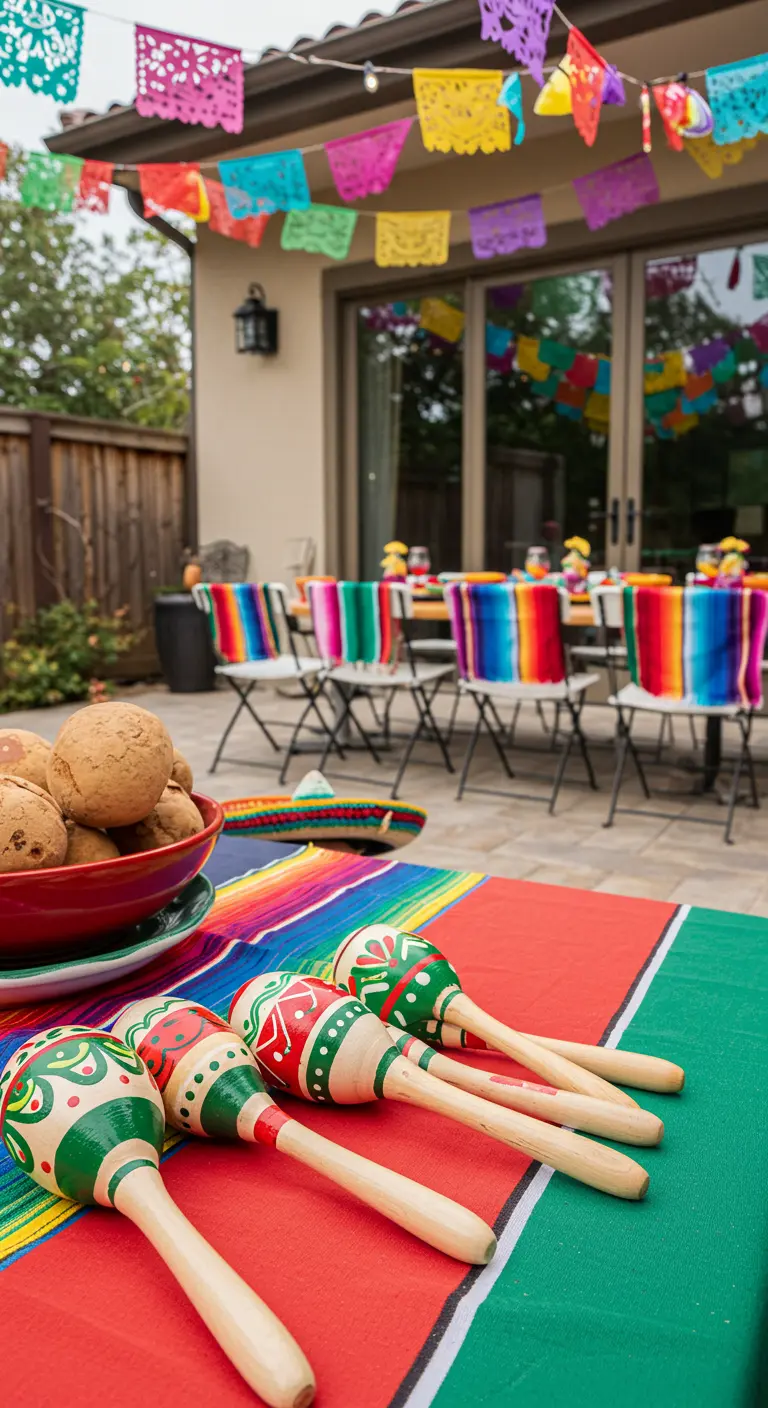 Maracas de madera pintadas a mano sobre un mantel colorido.