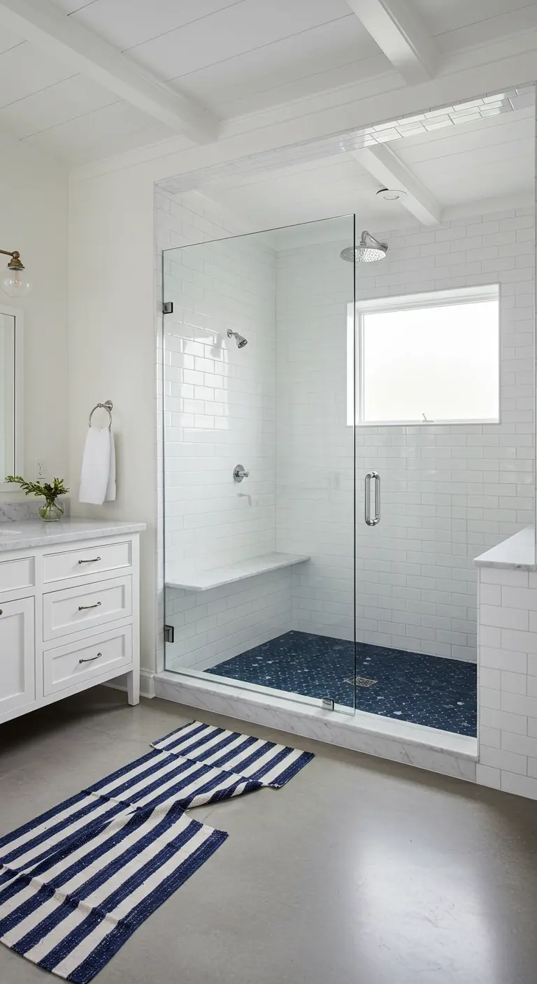 Ducha con azulejos blancos tipo metro y suelo de mosaico azul, con alfombras a rayas marineras