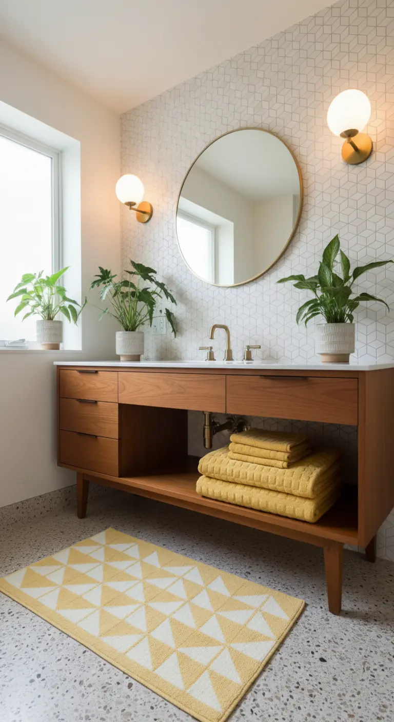 Baño moderno con tocador de madera, azulejos geométricos y textiles amarillos.