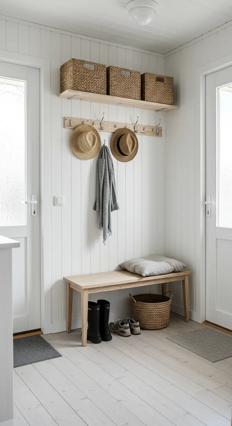 Recibidor blanco con una repisa de madera alta con cestas de mimbre y un perchero debajo.