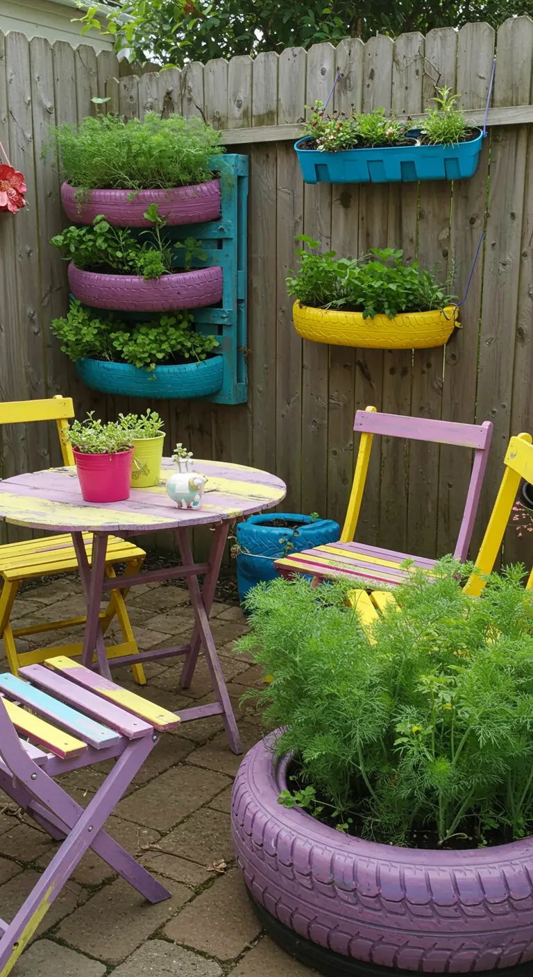 Patio colorido con neumáticos reciclados y pintados de colores vivos, usados como maceteros.