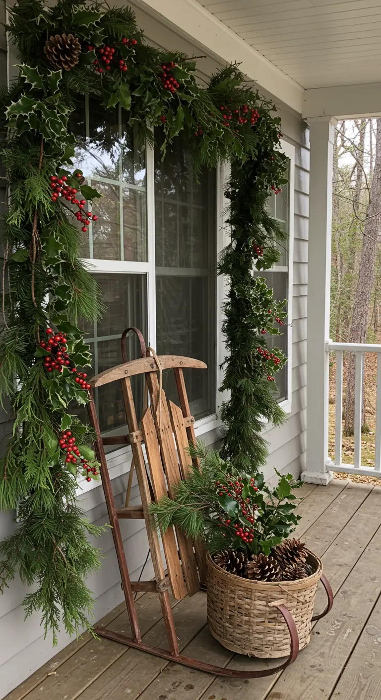 Porche con decoración natural de ramas de pino y acebo, con un trineo y una cesta de mimbre.