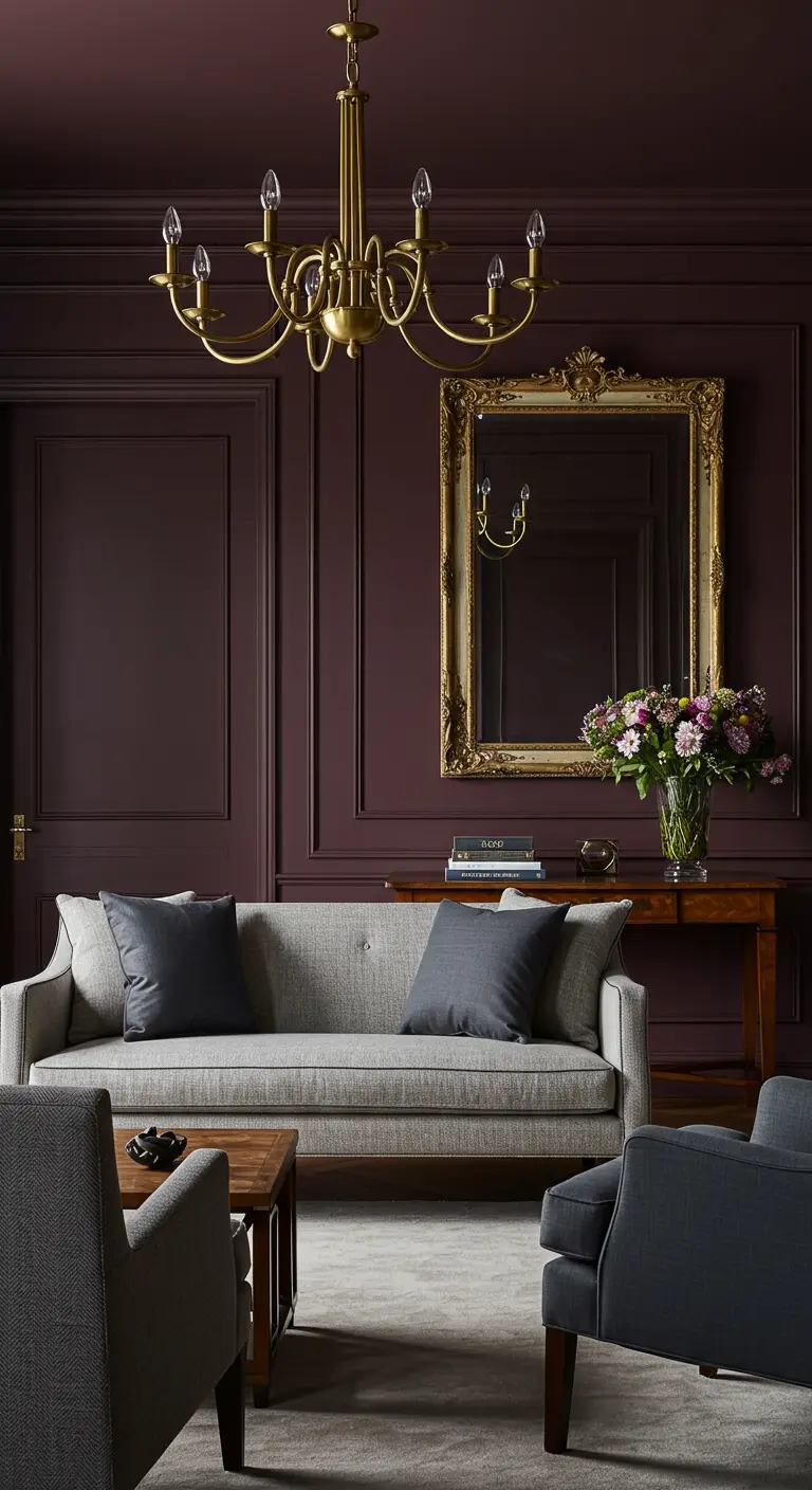 Sala de estar con paredes color ciruela, sofá gris y un gran espejo dorado ornamentado.