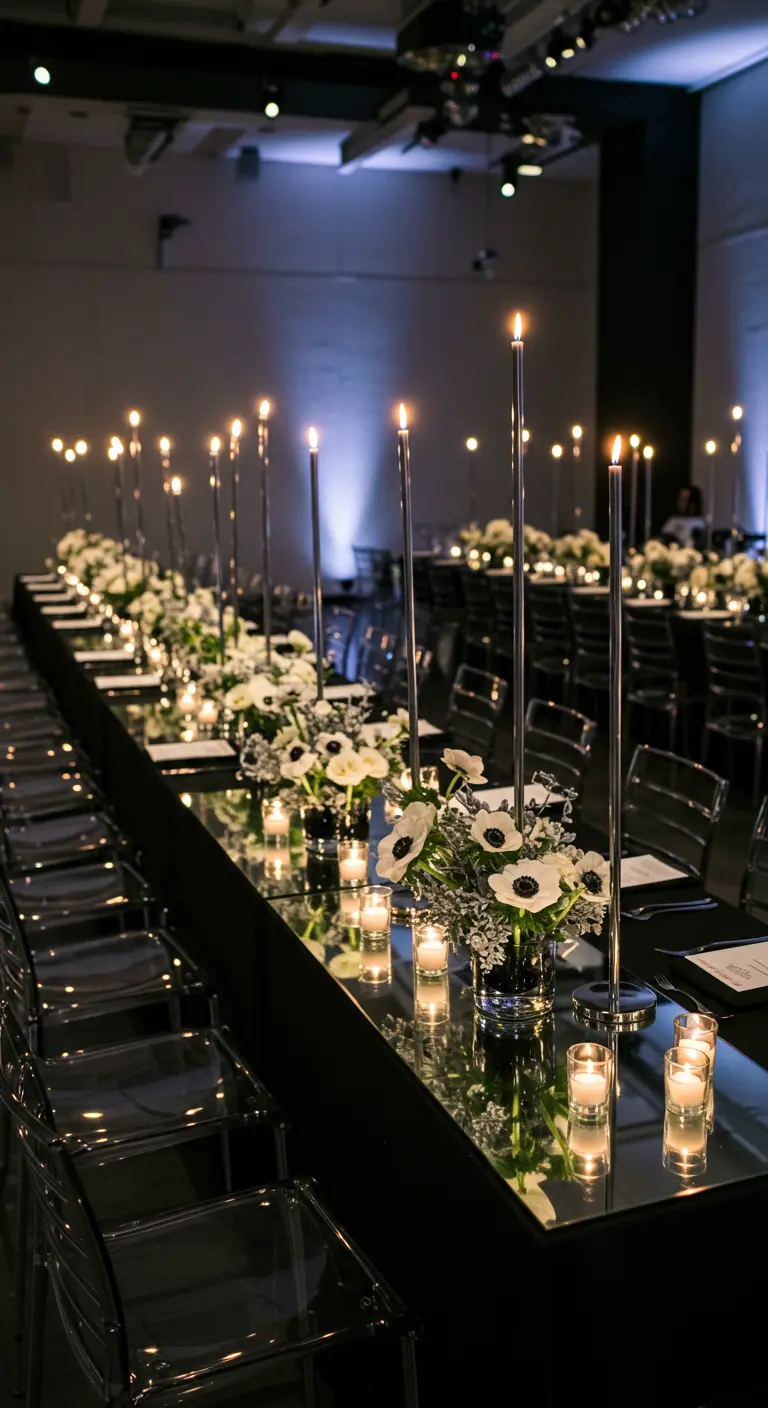 Mesa larga negra y reflectante con candelabros altos y flores de anémona blanca.
