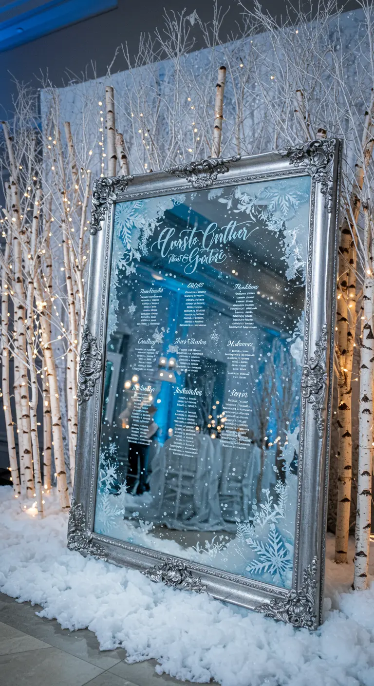 Espejo plateado en un decorado invernal con nieve, abedules y luces blancas.