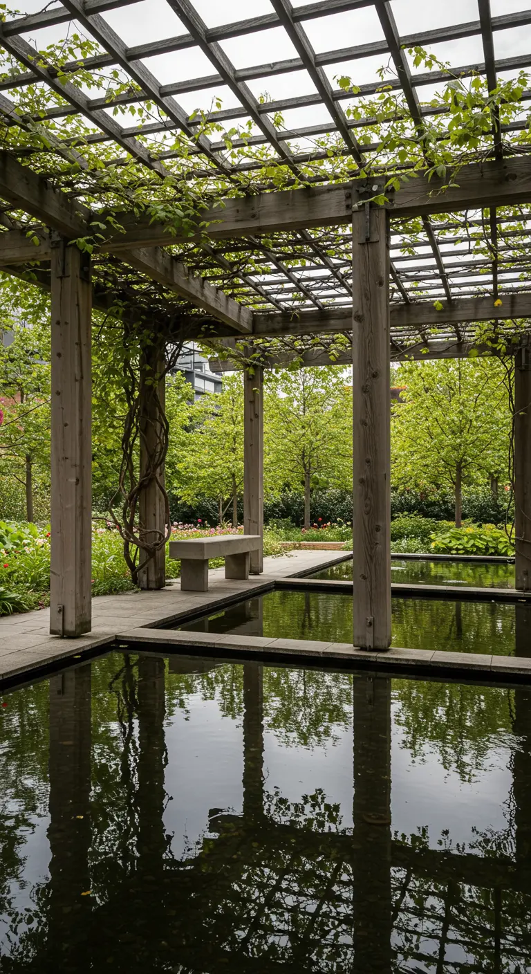 Gran pérgola de madera con múltiples pilares sobre un estanque con reflejos.