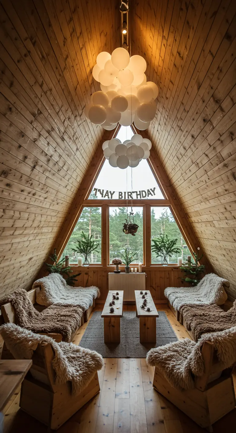 Un grupo de globos blancos colgando del techo en una acogedora cabaña de madera.