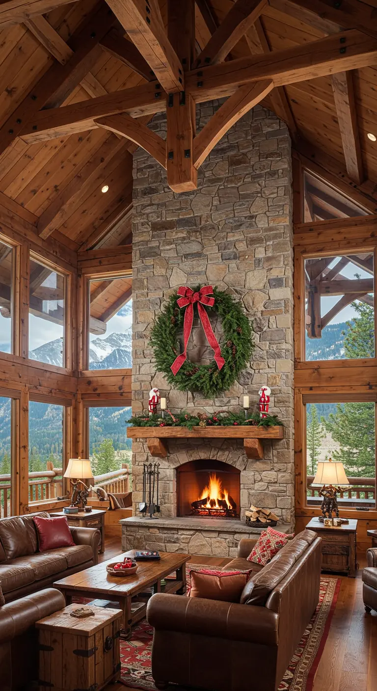 Salón de montaña con chimenea de piedra hasta el techo y una gran corona con lazo rojo.