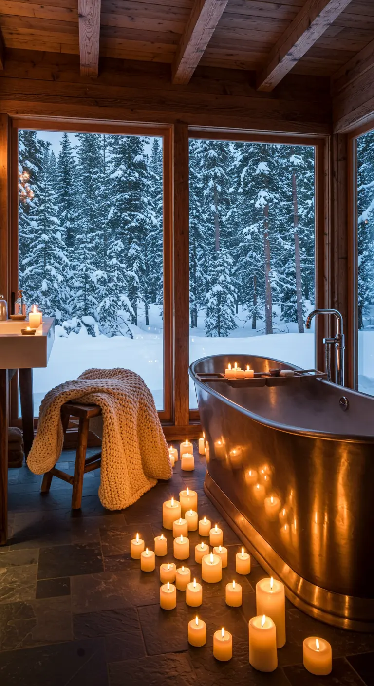 Baño rústico con bañera de cobre, manta de punto y velas encendidas con vistas a un bosque nevado.