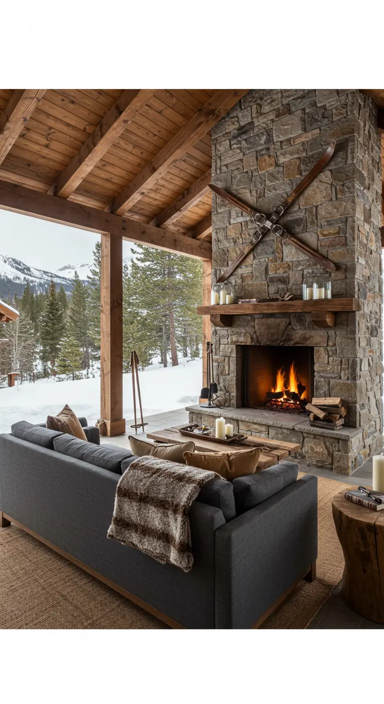 Porche cubierto con una chimenea de piedra, sofás y decoración de esquí vintage.
