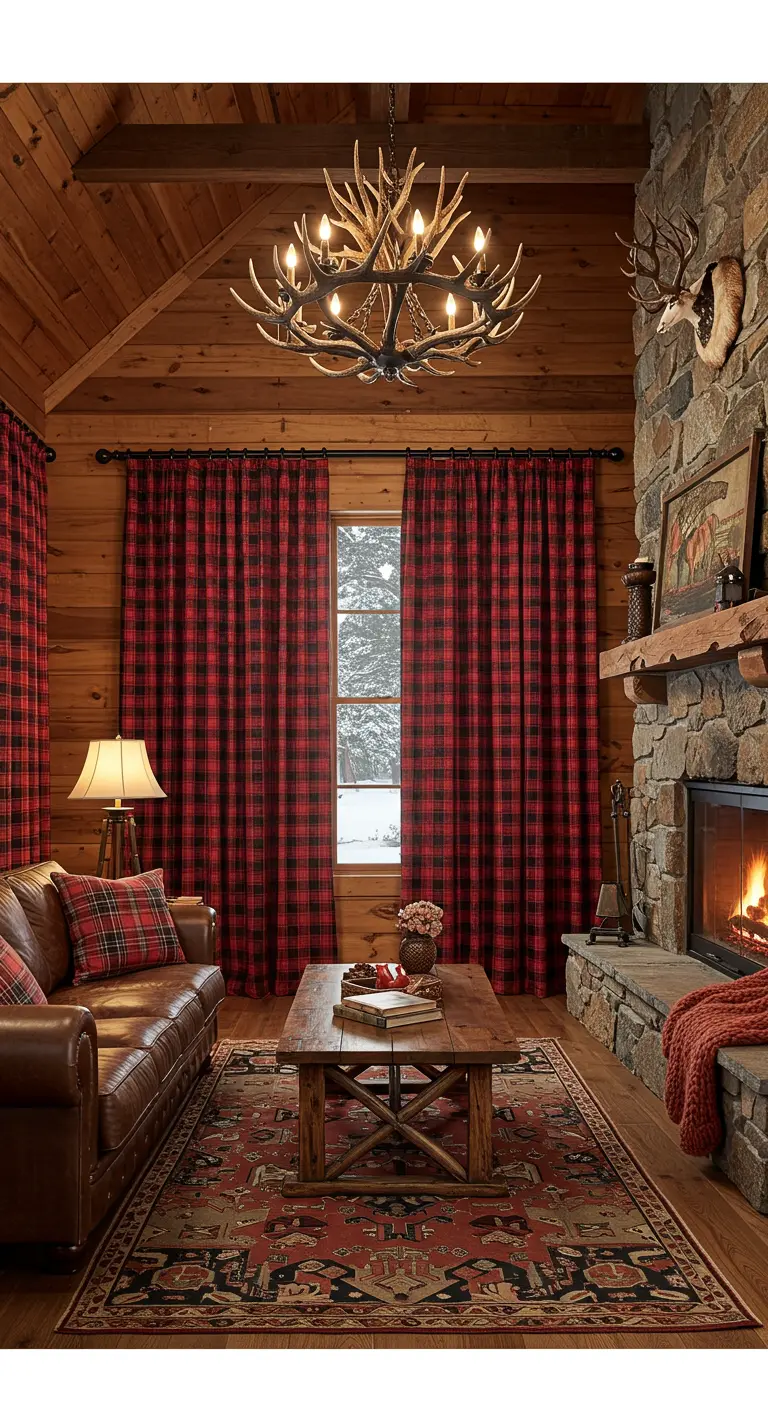 Cortinas de tartán rojo y negro en una cabaña de madera con chimenea de piedra.