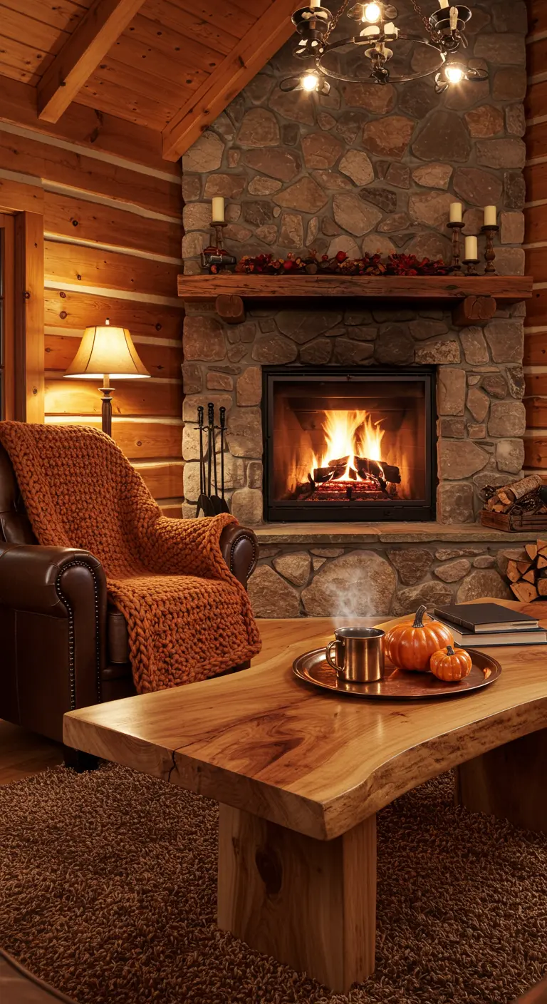 Salón de cabaña rústica con chimenea, manta naranja y bandeja de cobre con calabazas.