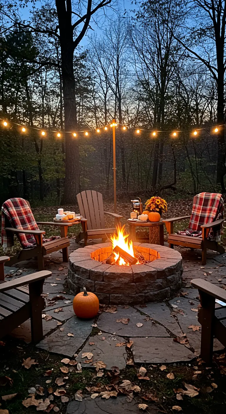 Hoguera de piedra rodeada de sillas de madera con mantas de cuadros en un bosque otoñal.