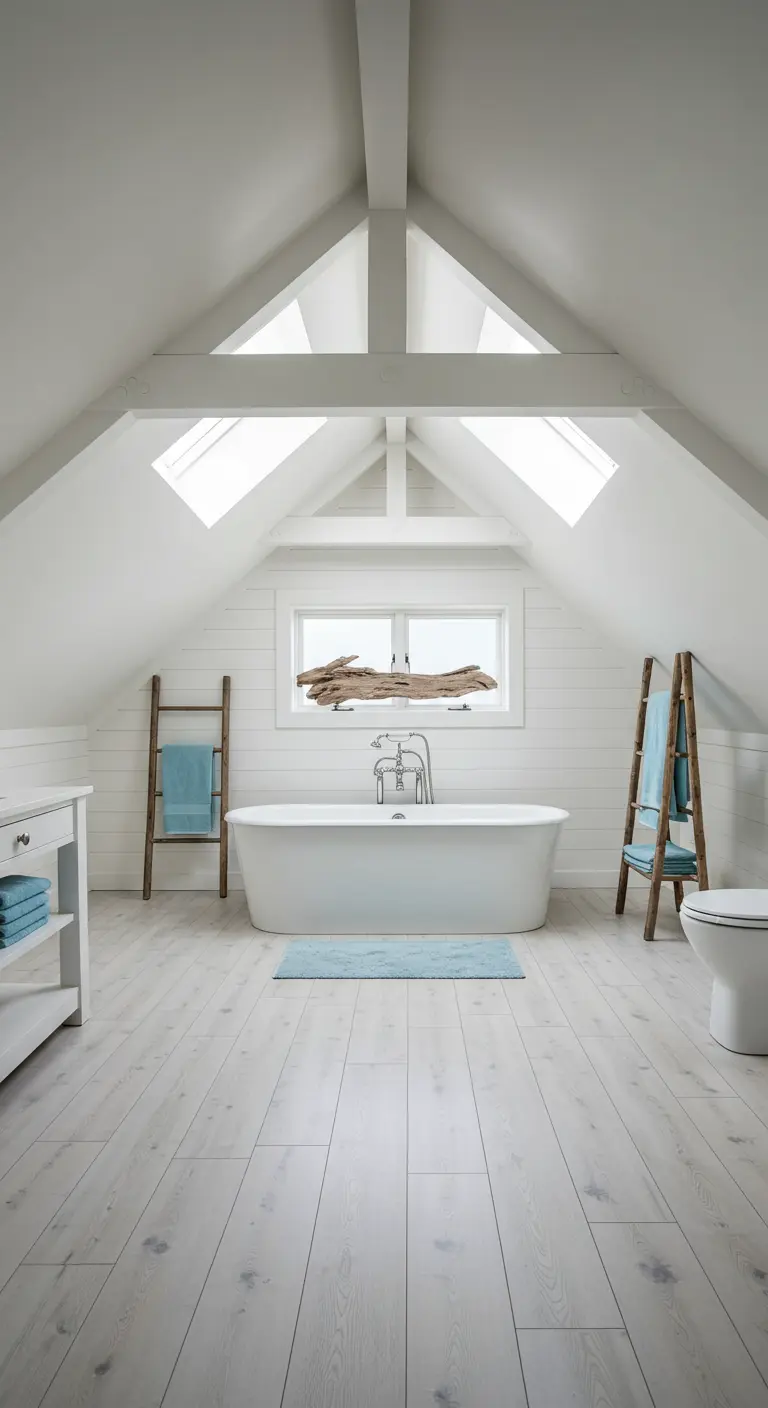 Baño en un ático con vigas de madera blancas, bañera exenta y escaleras como toalleros