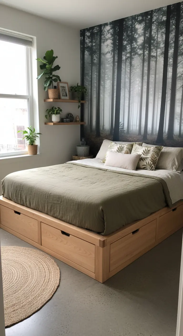 Cama de plataforma de madera con cajones frente a una pared con un gran mural de un bosque.