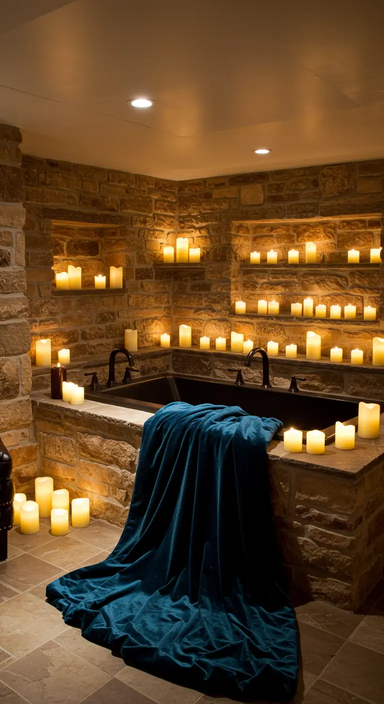 Baño tipo gruta con paredes de piedra llenas de velas y una manta de terciopelo azul.