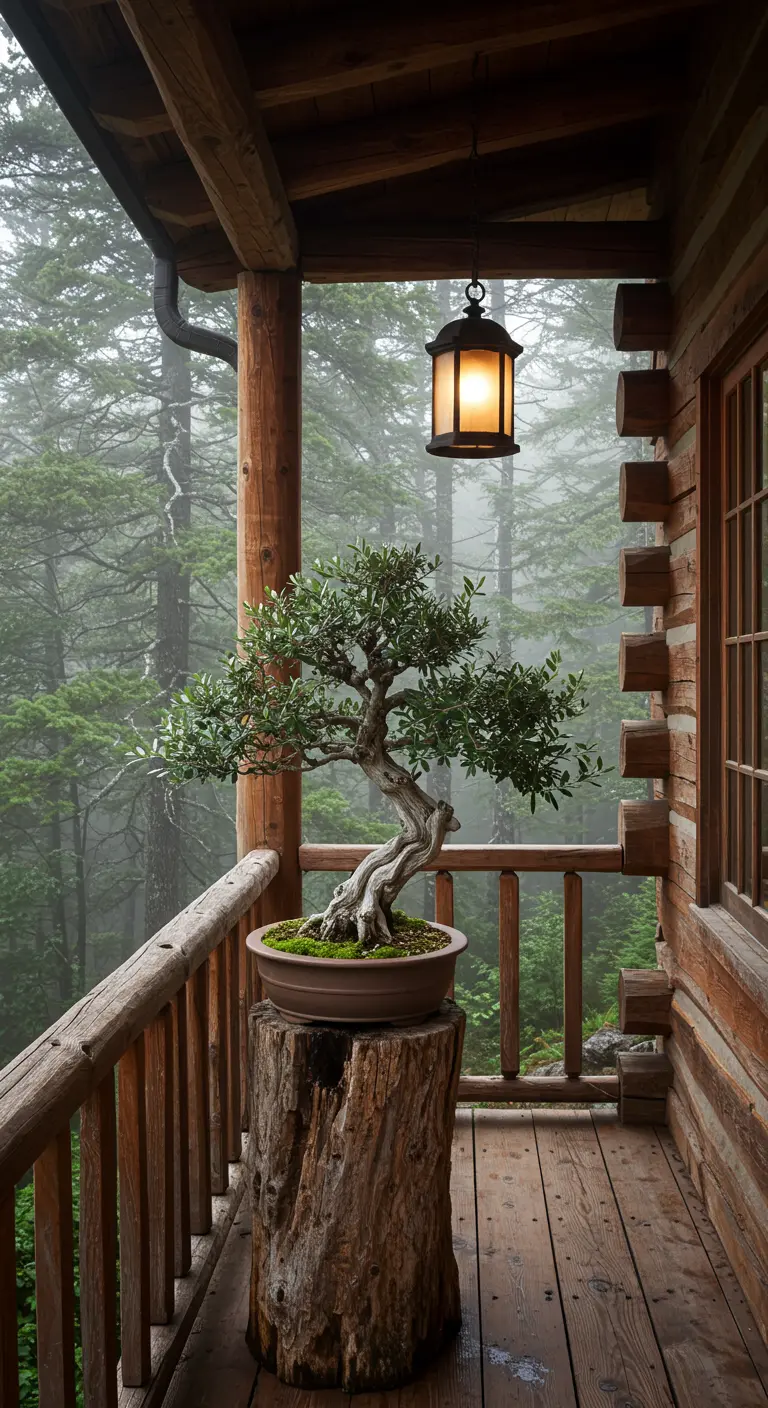 Balcón de madera rústico con un bonsái sobre un tocón de árbol y una linterna colgante.