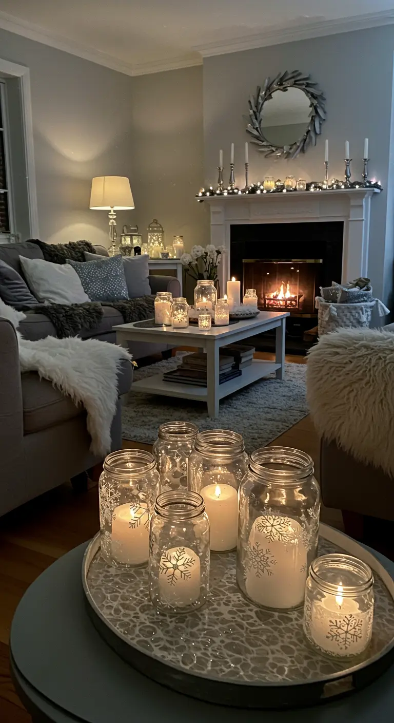 Portavelas de frasco con copos de nieve en una sala de estar acogedora.