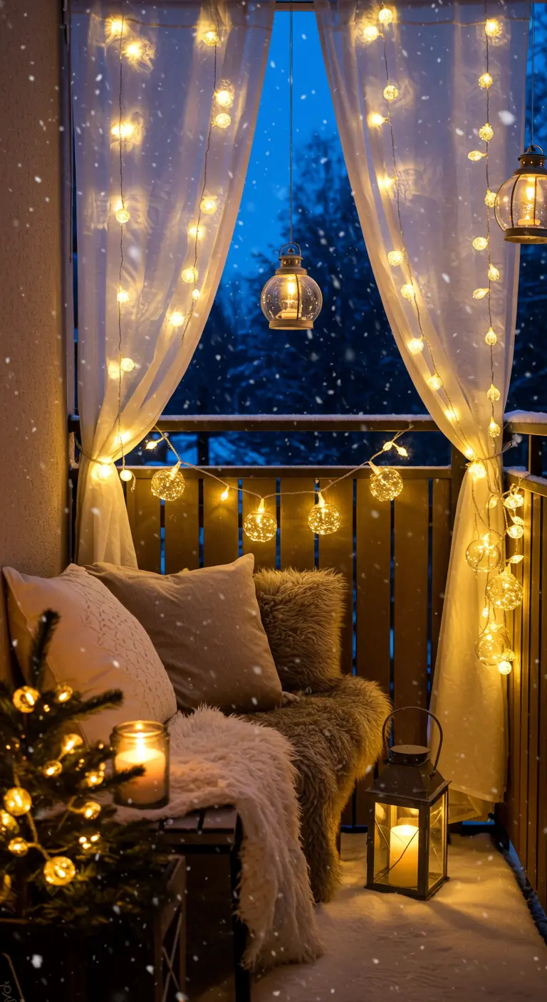 Balcón invernal y acogedor con cortinas y guirnaldas de luces, mantas de pelo y faroles.