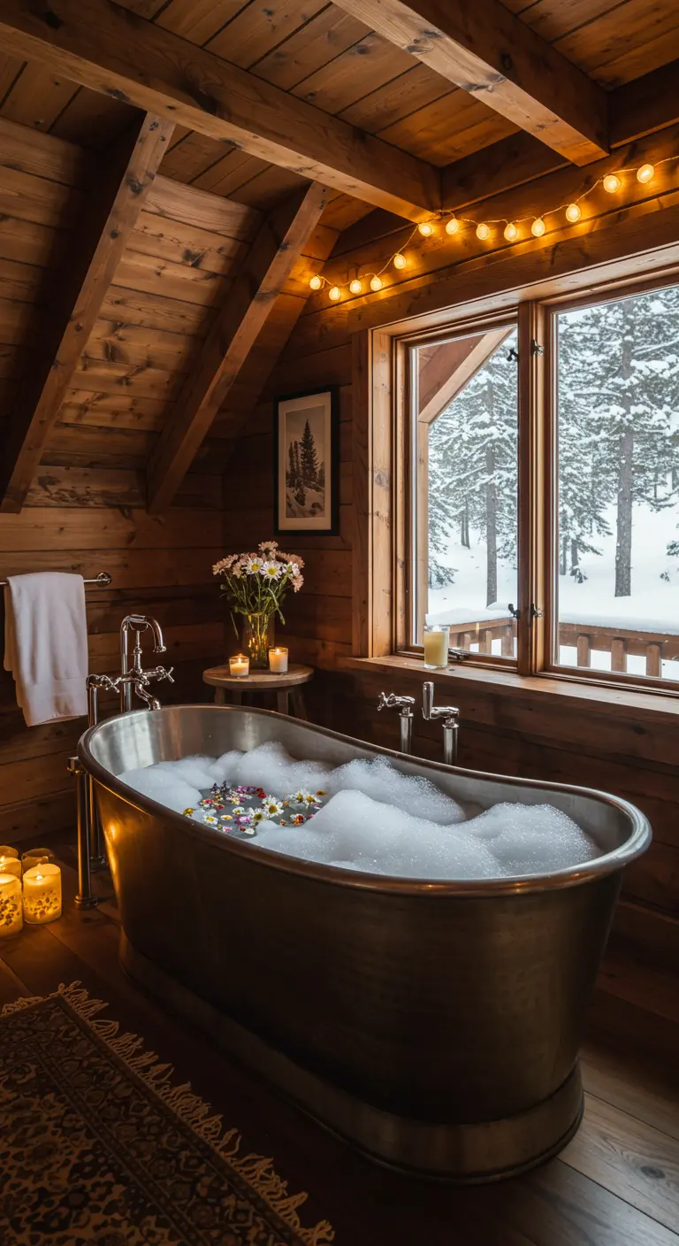 Bañera de metal en un baño rústico de madera con vistas a un paisaje nevado.
